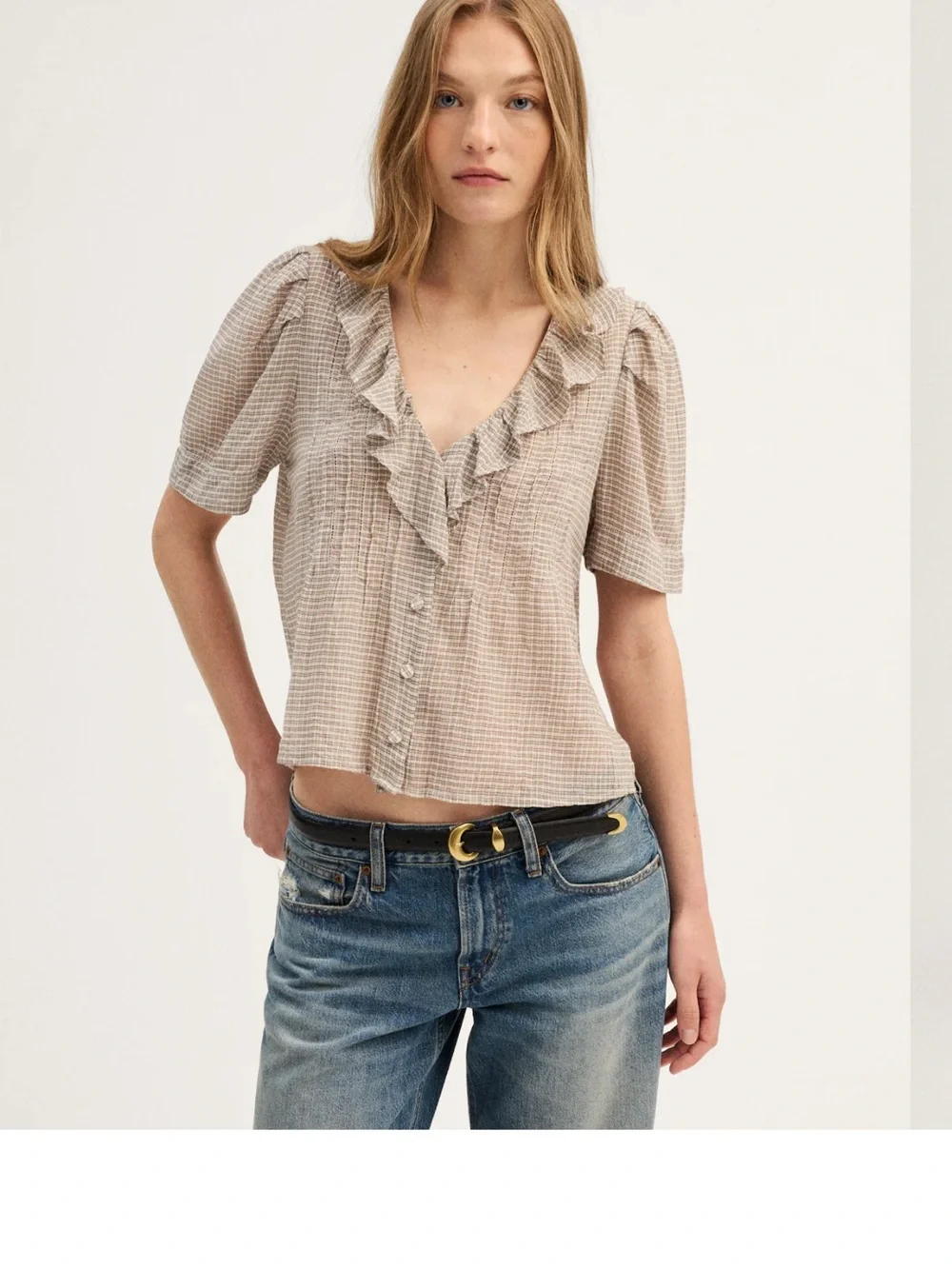 Madewell Beige Ruffle V-Neck Button-Front Blouse